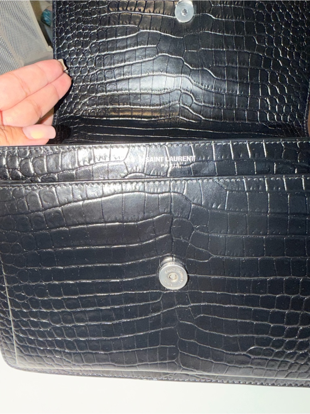 Saint Laurent Sunset Black Croc-Embossed Shoulder Bag with Silver Chain - Picture 7 of 9